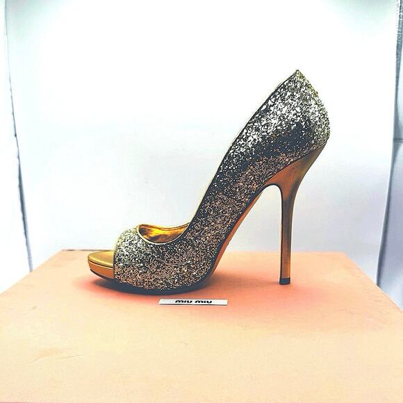 Miu Miu peep toe Gold Glitter Party Pump size EU 40 - Picture 13 of 15